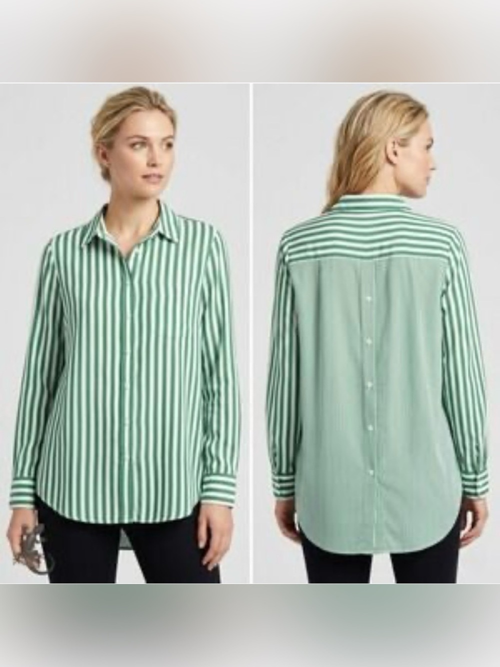 Jane and Delancey Green and White Striped 3/4 Roll Tab Sleeve Button-Down Shirt